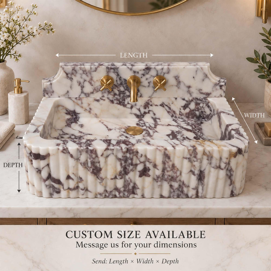 Custom size Calacatta Viola fluted console sink diagram showing length, width and depth