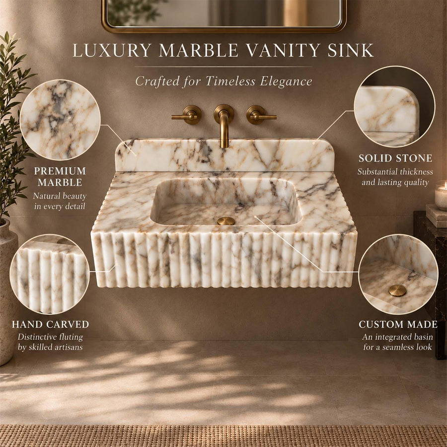 Luxury Calacatta Gold fluted floating sink with dimension labels