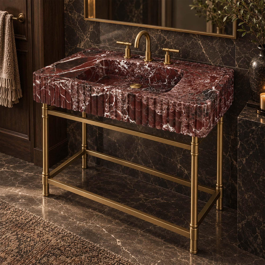 Top view of the deep integrated basin of a Rosso Levanto fluted console sink