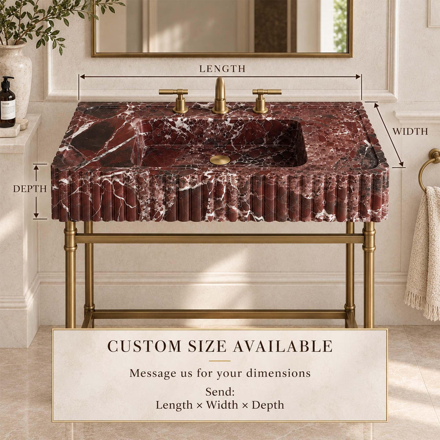 Custom size Rosso Levanto fluted console sink diagram showing length, width and depth