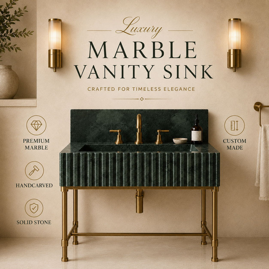 Luxury marble vanity sink with a dark green fluted stone top and gold brass legs and faucet, shown in a styled bathroom setting with sconces and text overlays.