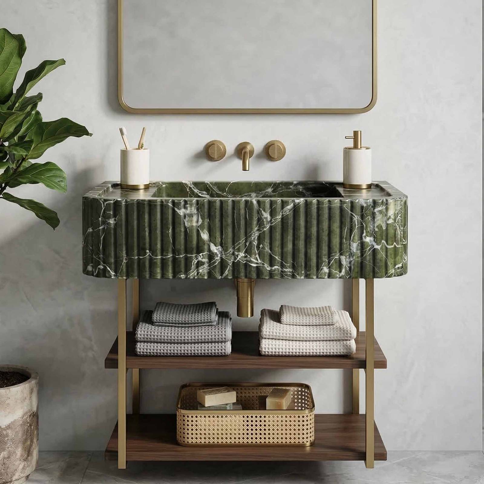 Bathroom vanity with green marble top, wooden shelves, and decorative items.