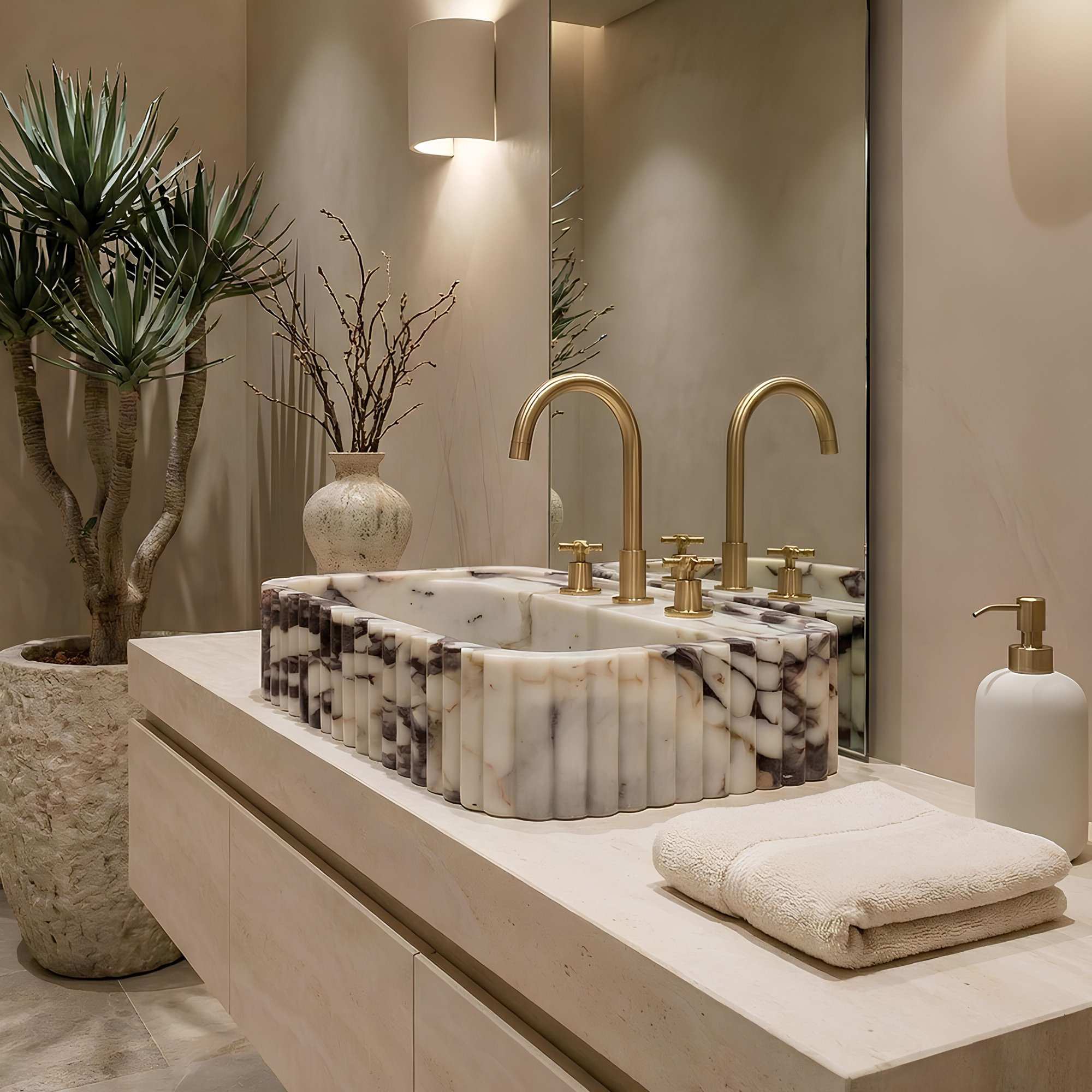 Bathroom vanity with marble sink, gold fixtures, and decorative elements.