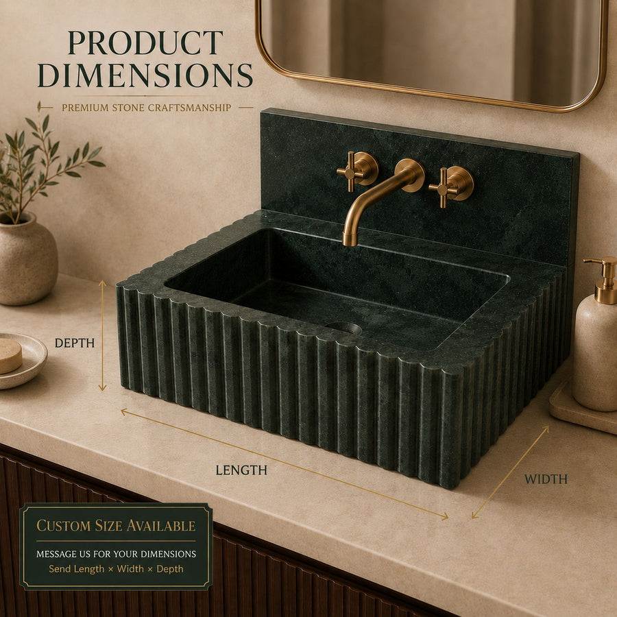 Dark green stone sink with a fluted front and brass faucet, shown installed on a beige countertop with overlaid dimension labels for depth, length, and width.