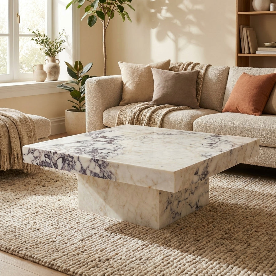 Marble coffee table in a living room with a beige sofa and decorative plants.