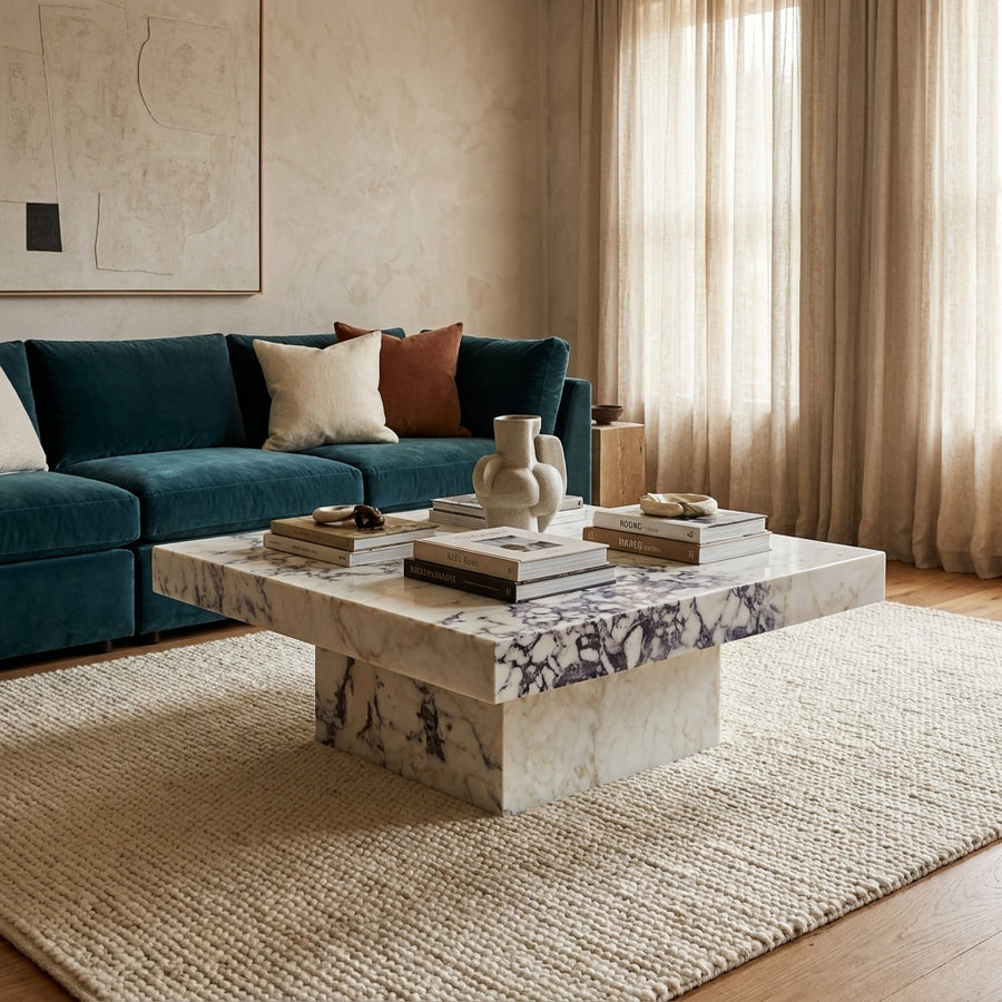 Living room with a blue sofa, marble coffee table, and decorative items.