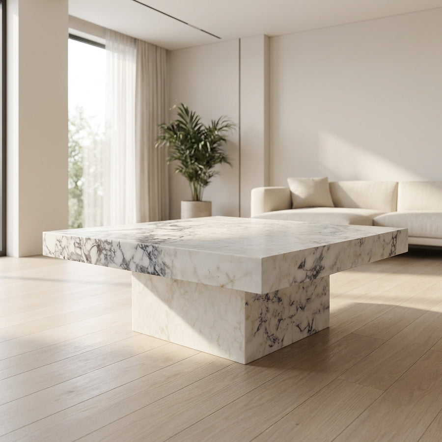 Marble coffee table in a modern living room with neutral decor