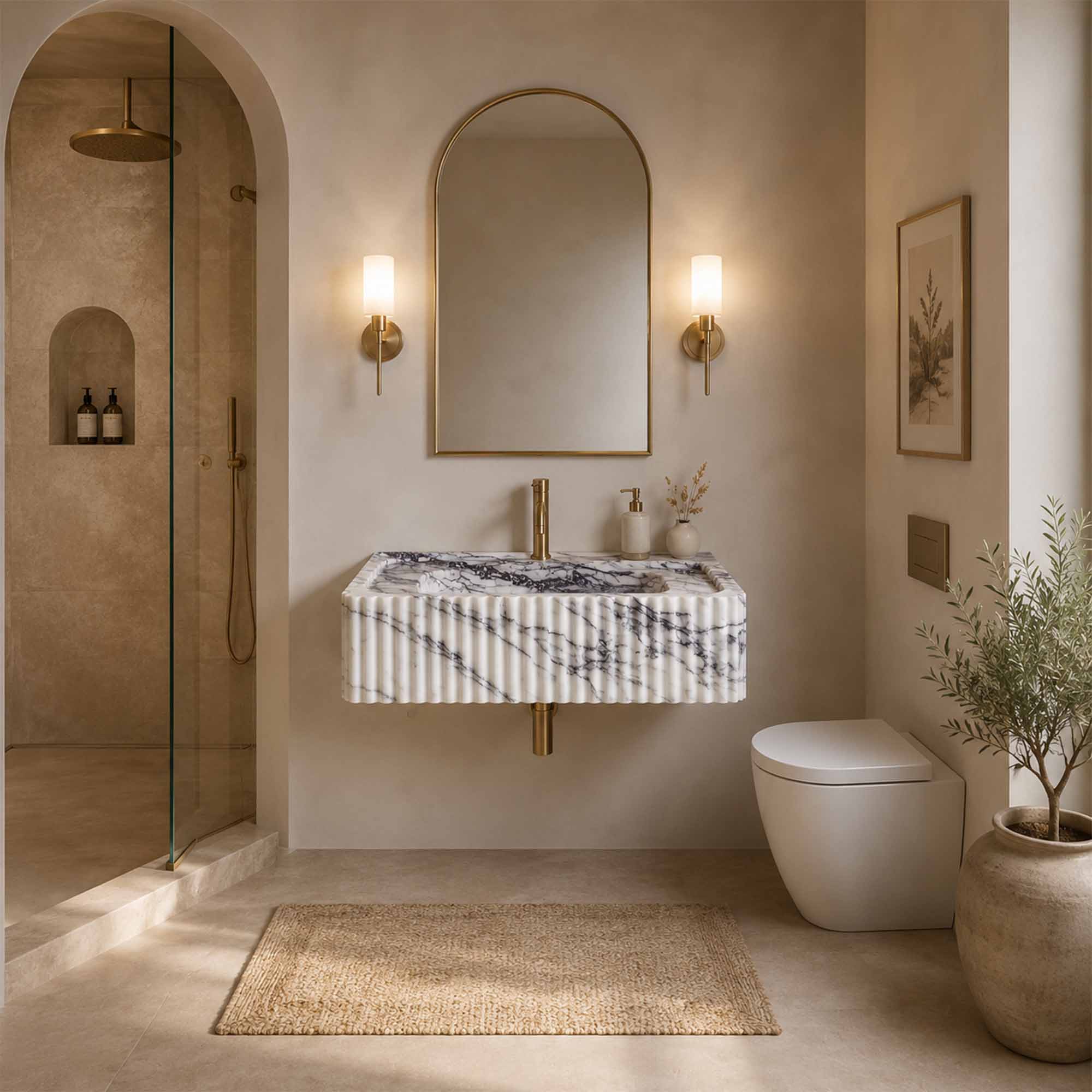 Marble sink with faucet in a bathroom setting
