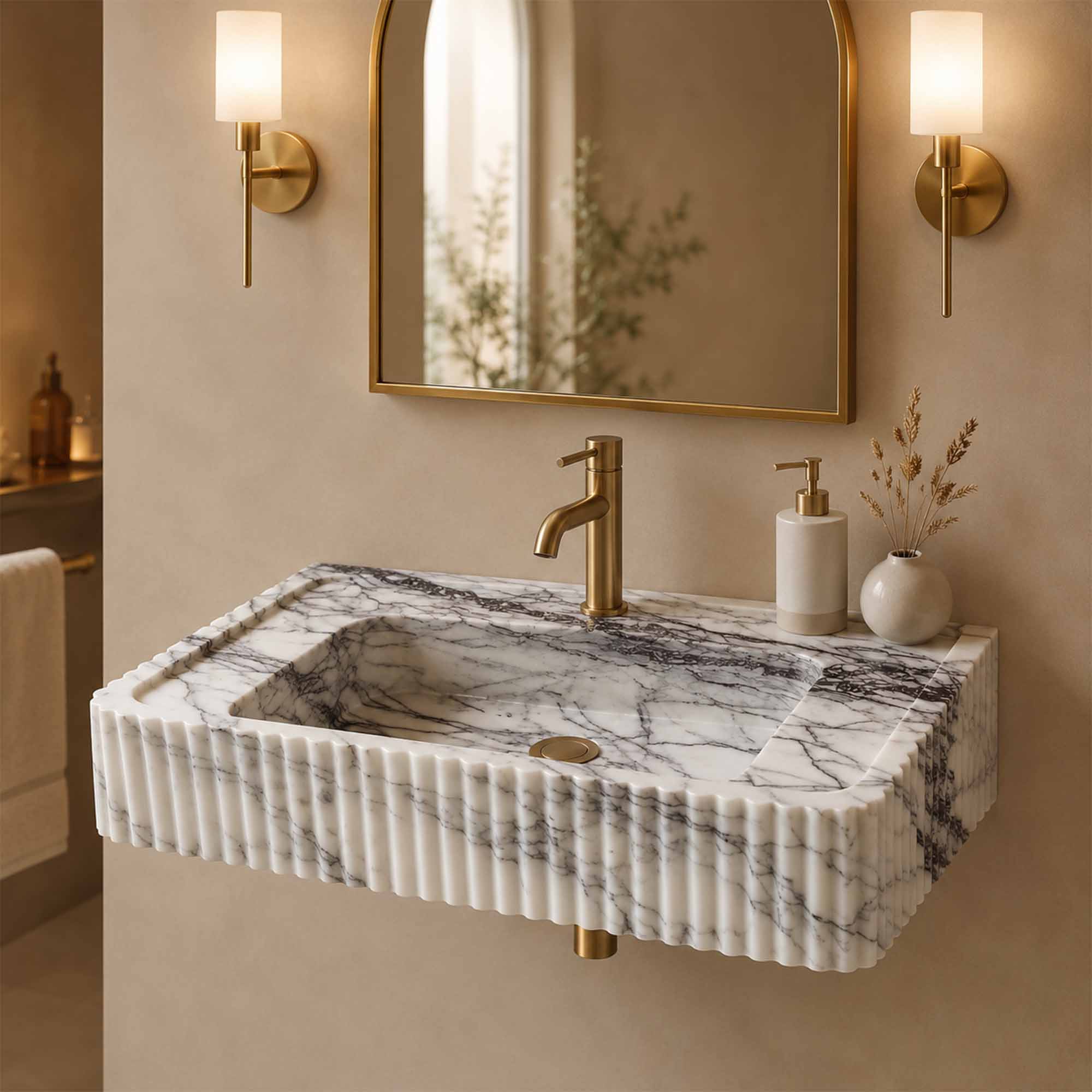 Marble sink with faucet in a bathroom setting
