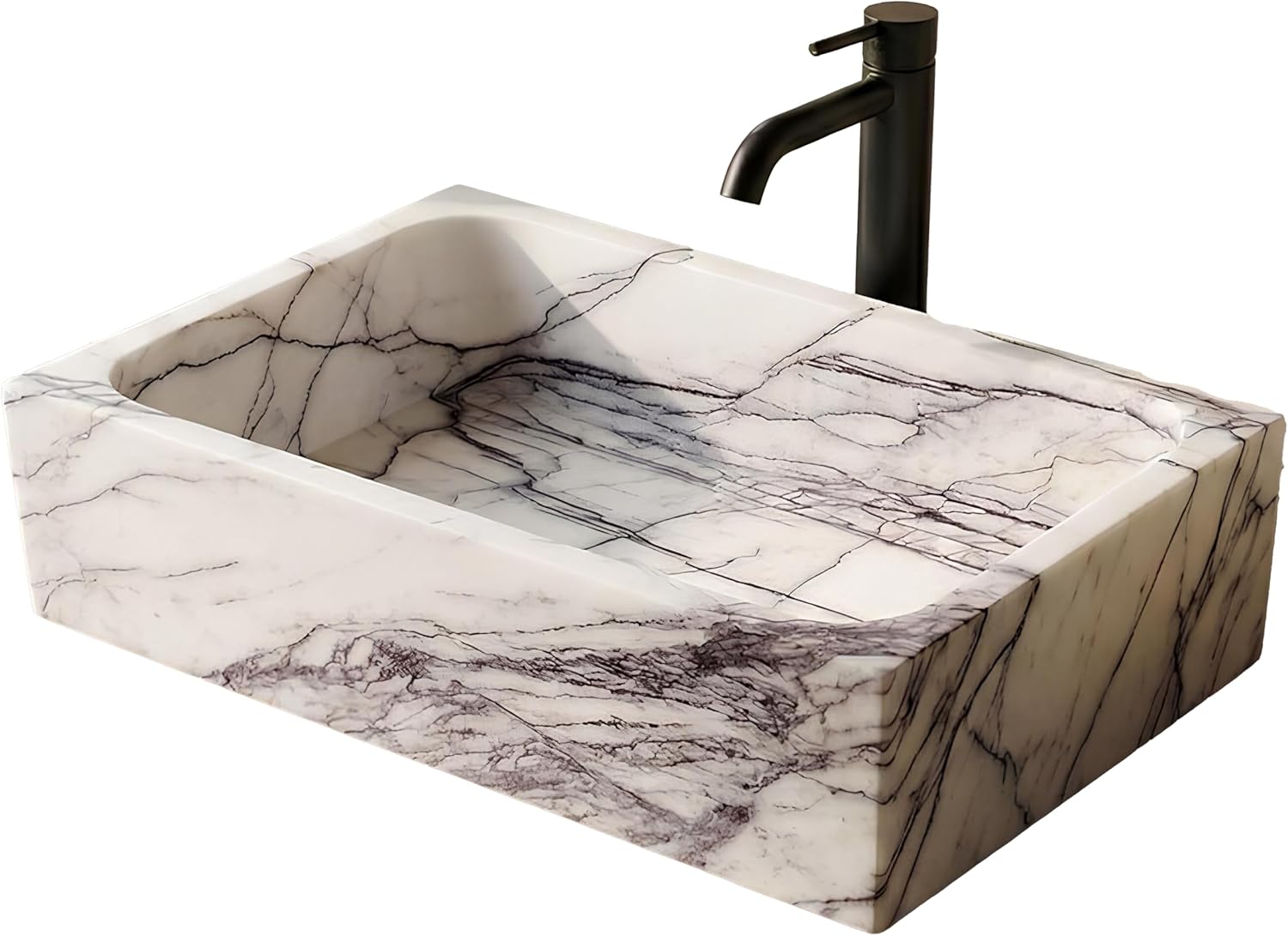 Marble-patterned sink with a black faucet on a white background
