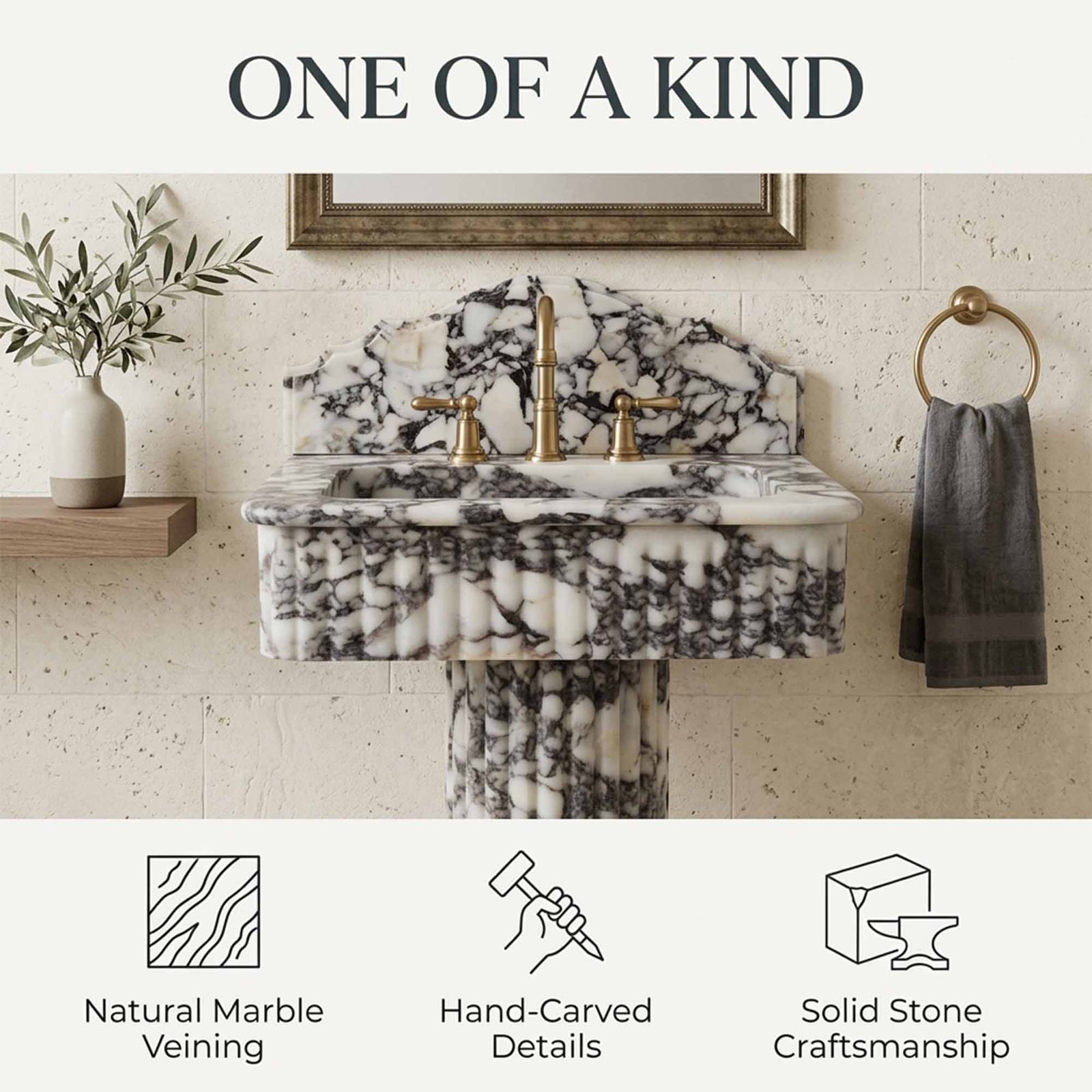 One of a kind marble pedestal sink with natural veining