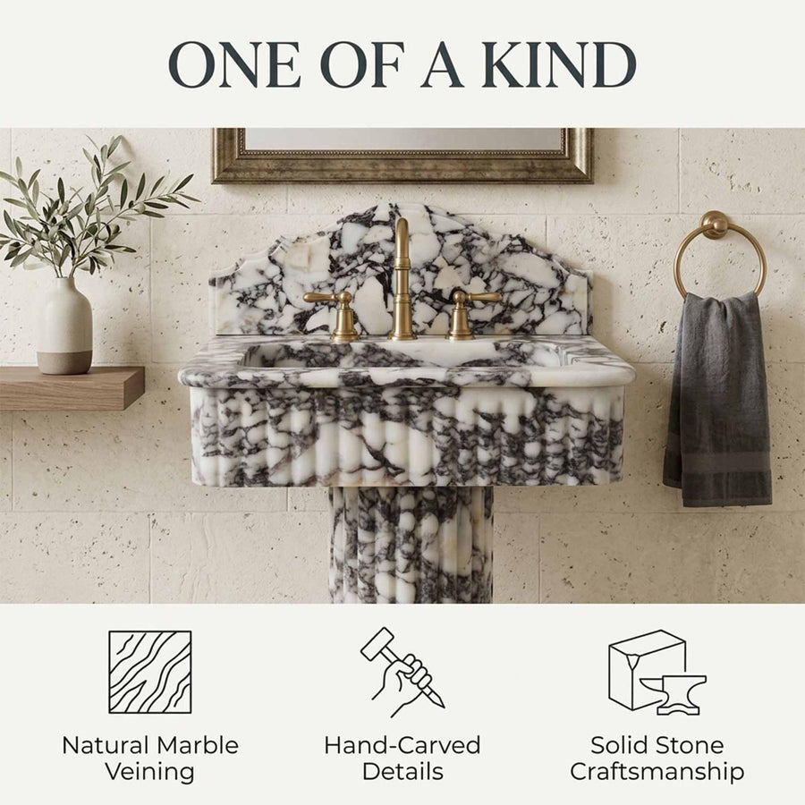 One of a kind marble pedestal sink with natural veining