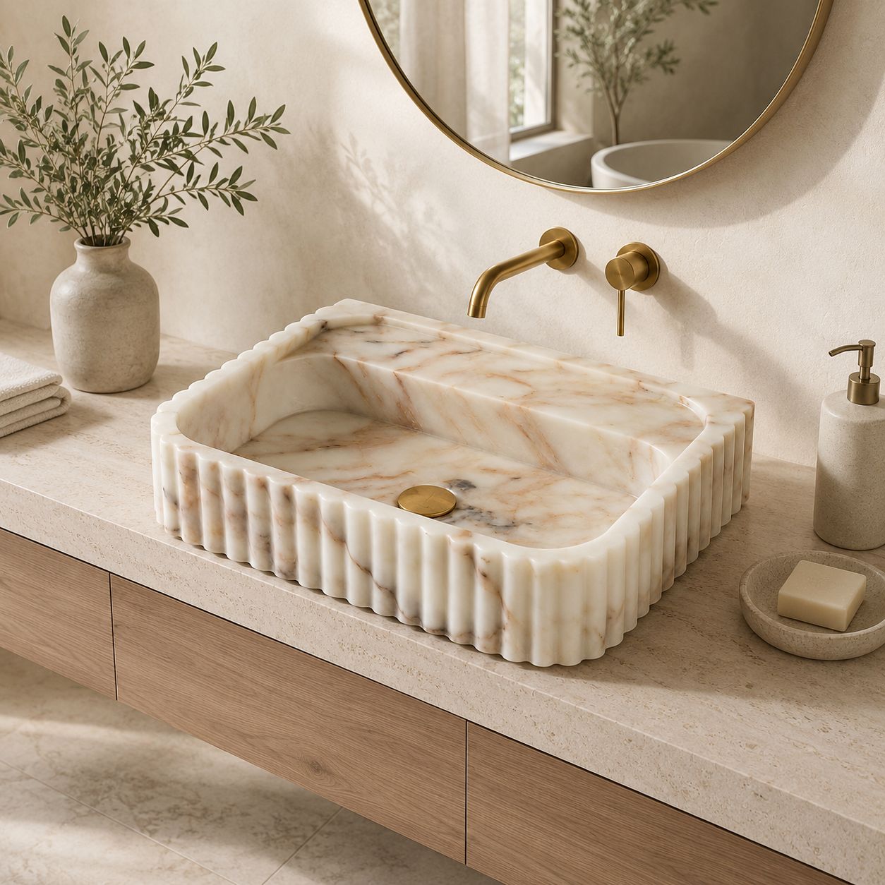 Calacatta Gold marble sink on wood vanity under backlit round mirror