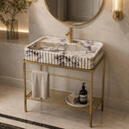 Calacatta Viola marble sink on a brass console with towel bar and shelf