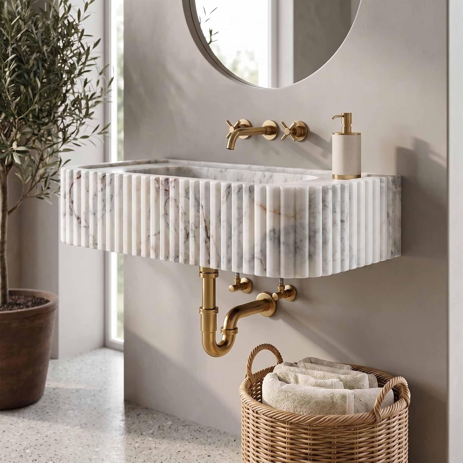 Marble sink with gold fixtures in a bathroom setting