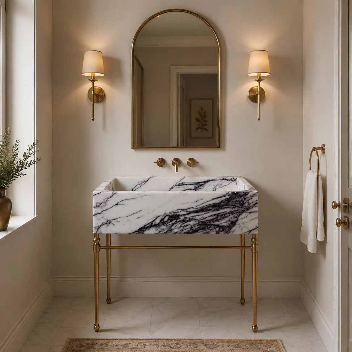 bathroom marble sink with brass stand
