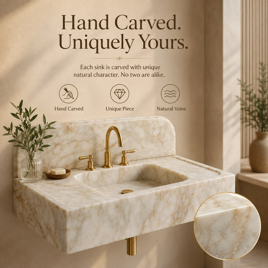 A wall-mounted marble sink with a gold faucet set, shown in a warm beige interior setting with decorative plants and text describing the hand-carved, unique piece nature of the sink.
