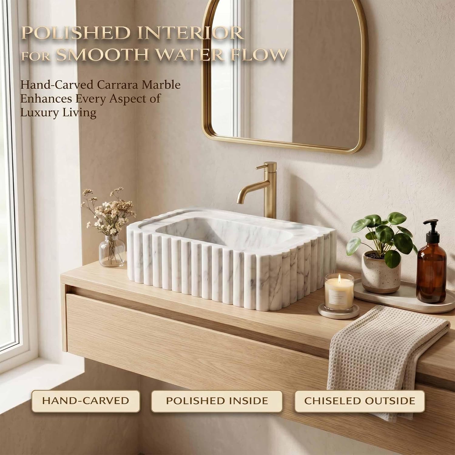 Bathroom vanity with marble sink and wooden countertop, featuring text about Carrara marble.