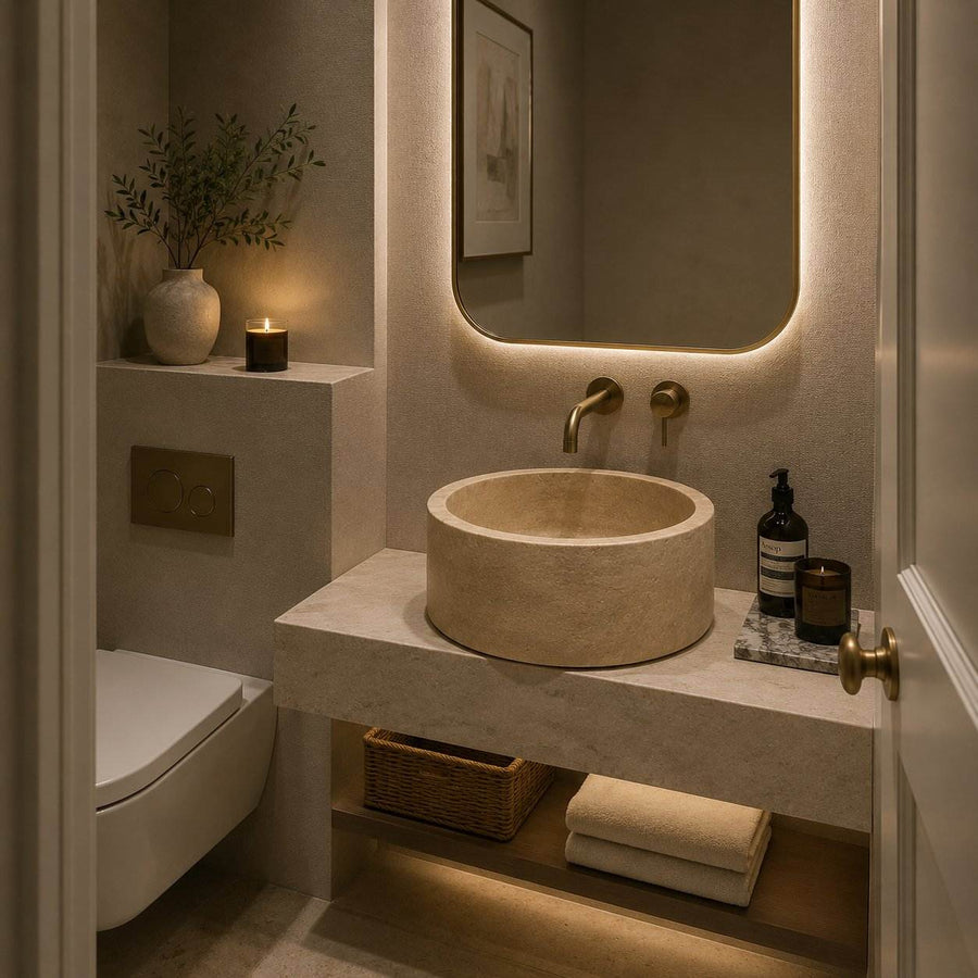 Modern bathroom with a round stone sink, illuminated mirror, and decorative elements.
