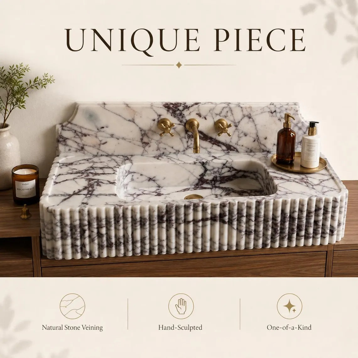A luxury marble sink countertop with a ribbed front, integrated basin, and brushed brass faucet, shown in a styled bathroom setting with text overlays highlighting its unique features.