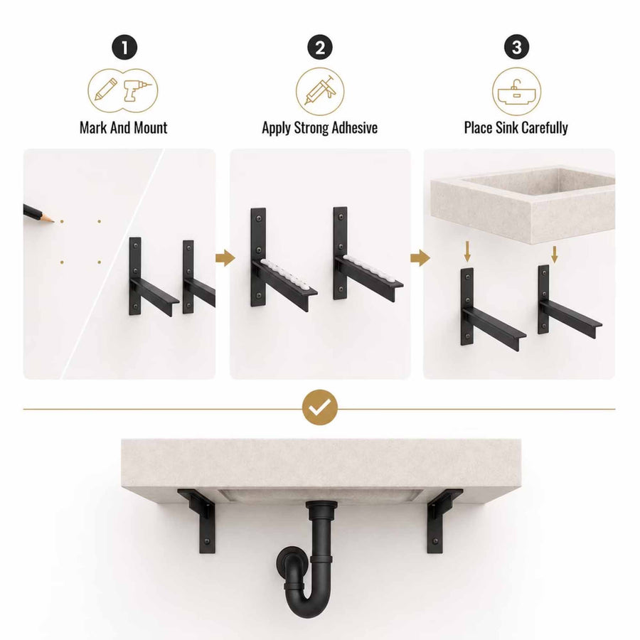 Step-by-step wall-mounted marble sink installation guide showing metal support brackets, adhesive application, sink placement, and finished plumbing setup.