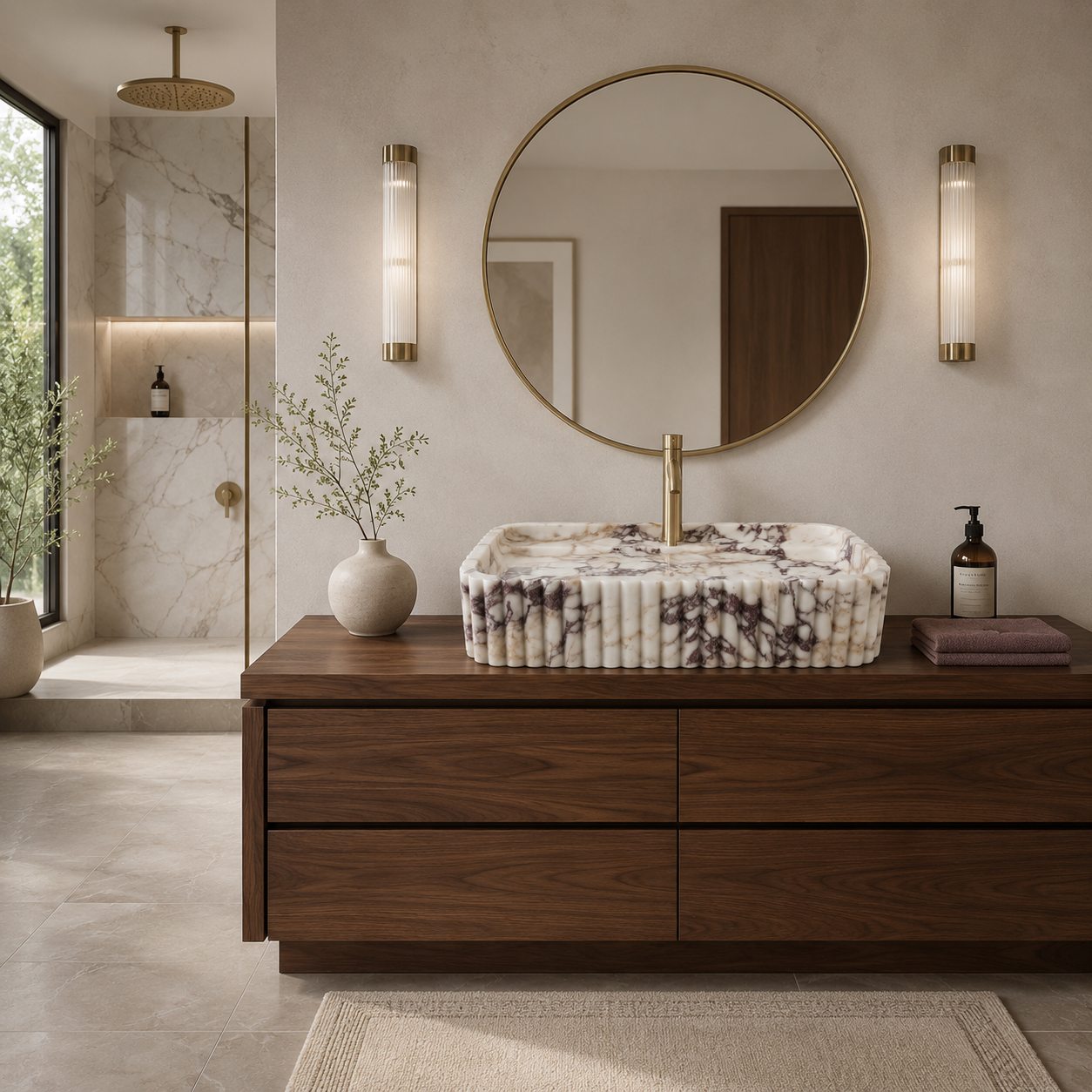 Calacatta Viola marble sink on a walnut vanity near a glass shower