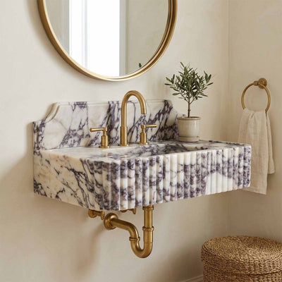 Calacatta Viola Marble Sink, Fluted Wall Mount Vanity with Backsplash
