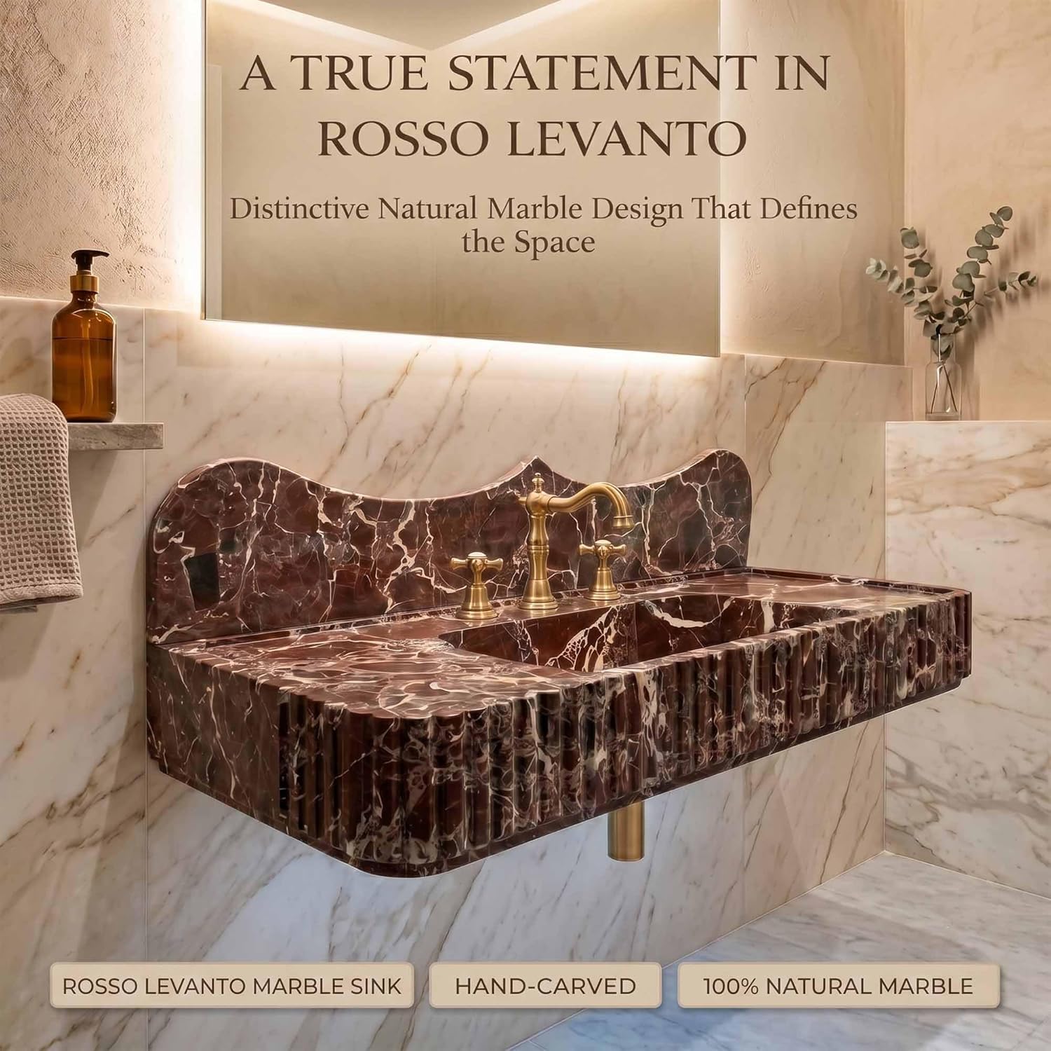 Marble sink with gold faucet in a bathroom setting, featuring Rosso Levanto marble.