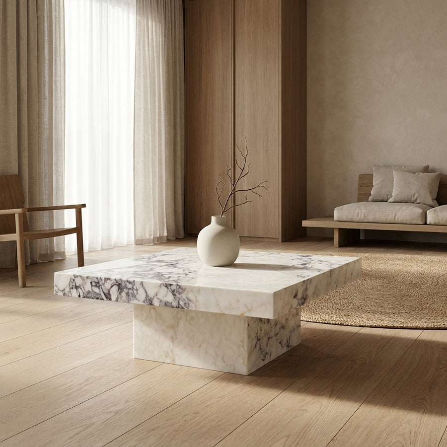 Marble coffee table in a modern living room with a vase on top