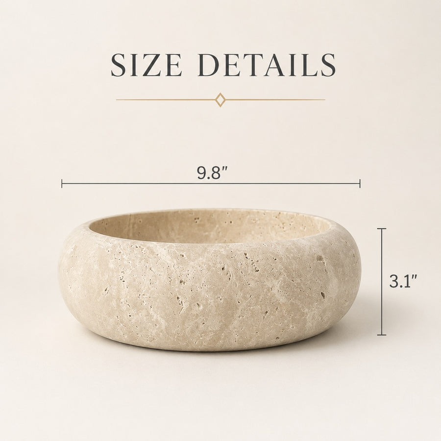A round stone bowl shown on a light beige background with overlaid dimension labels reading 9.8 inches wide and 3.