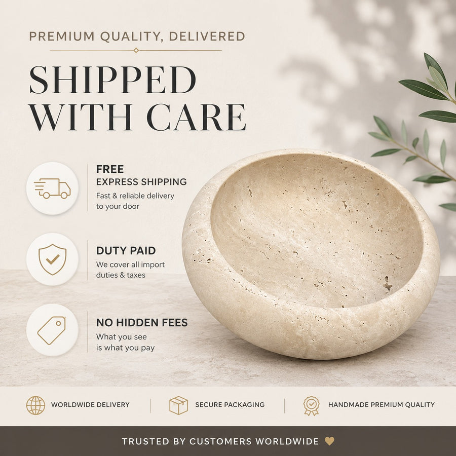 A beige stone bowl shown on a light neutral background with promotional text reading 'SHIPPED WITH CARE' and feature callouts for free express shipping, duty paid, and no hidden fees.