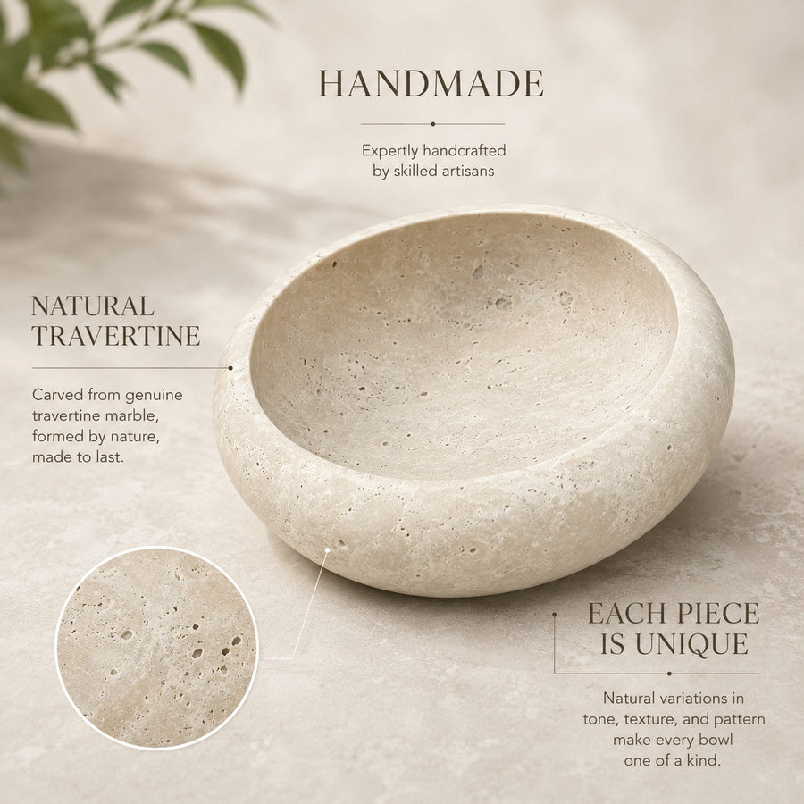 A handmade travertine stone bowl shown on a light textured surface with marketing text overlays reading 'HANDMADE,' 'NATURAL TRAVERTINE,' and 'EACH PIECE IS UNIQUE,' plus a circular close-up inset of the stone texture.