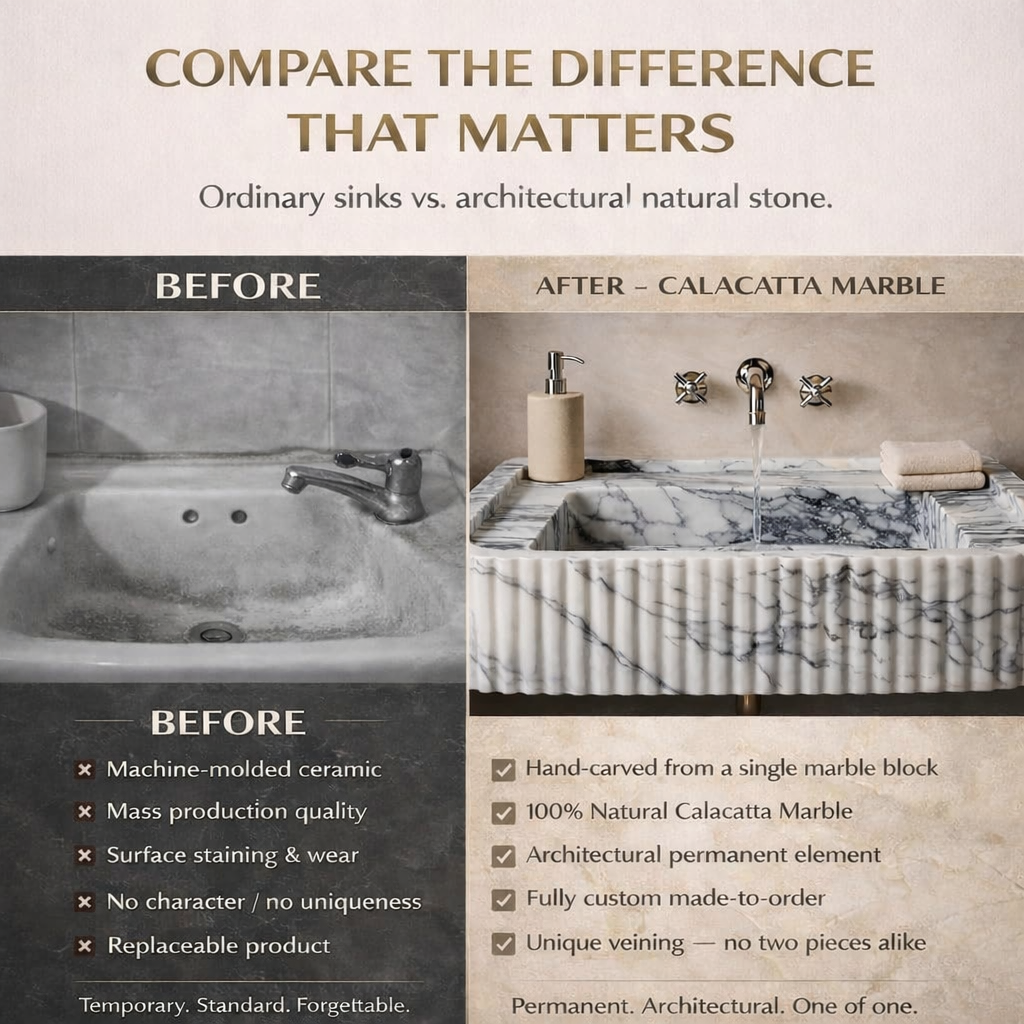 Before and after comparison of a sink with Calacatta Marble finish, highlighting differences.