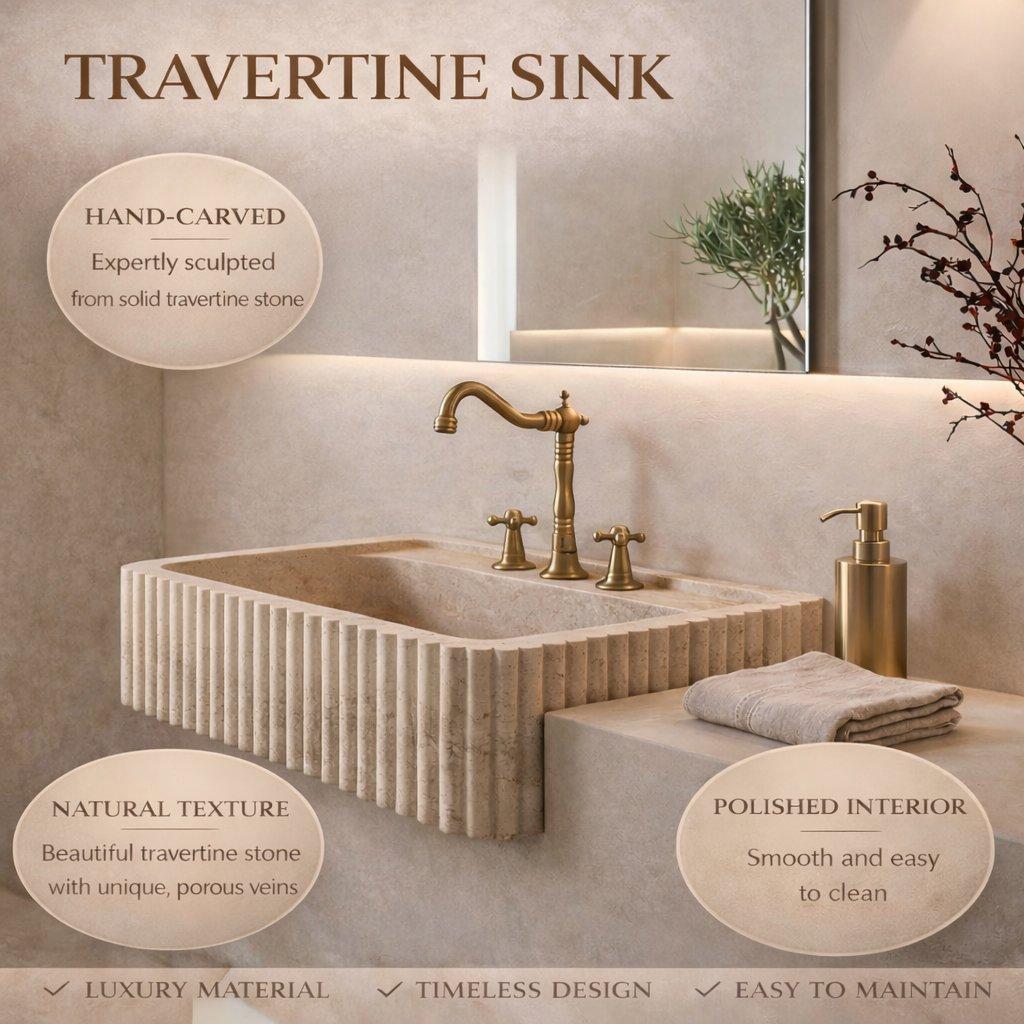 Travertine sink with gold faucet in a bathroom setting