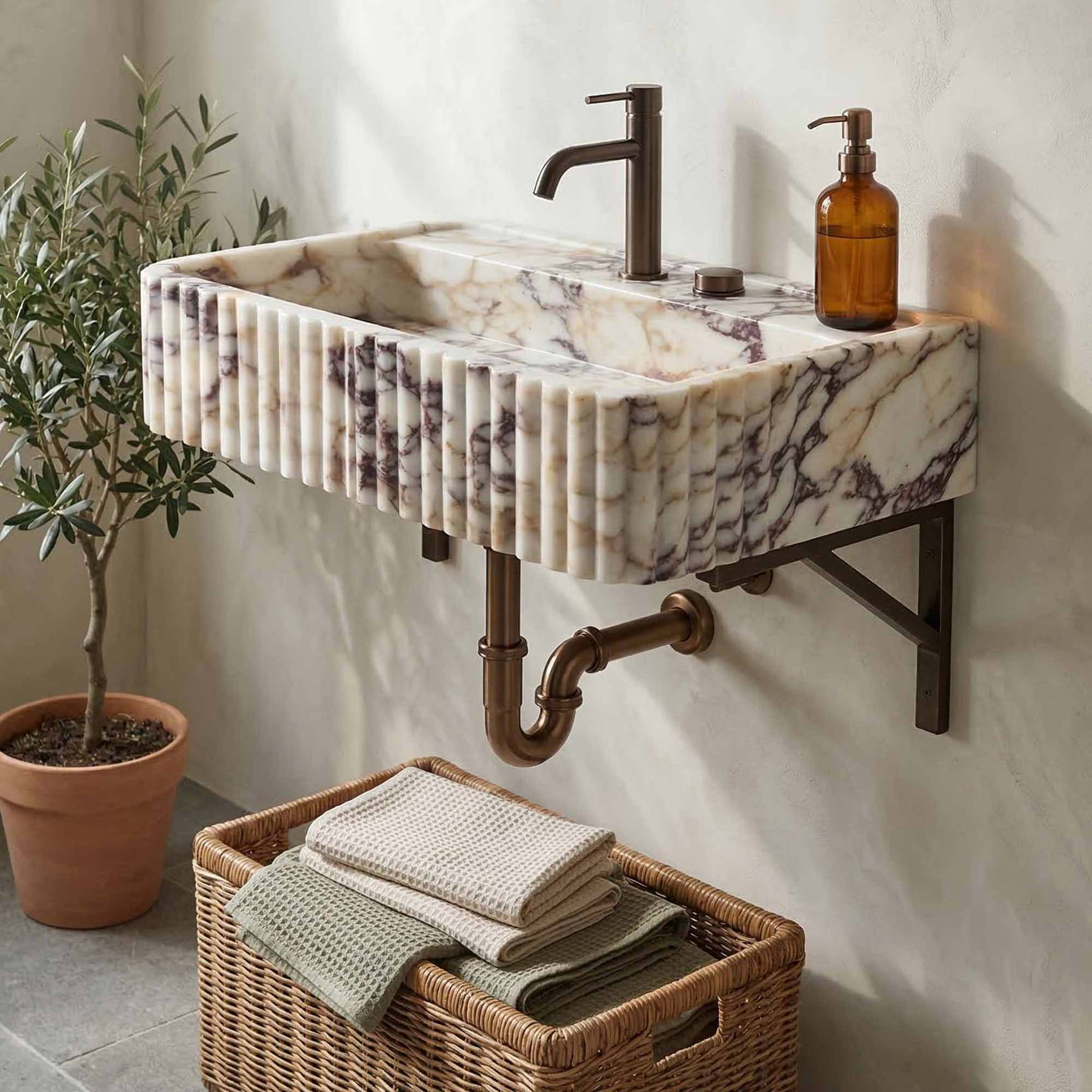 Calacatta Viola Hand-Carved Marble Sink | Fluted Vessel & Wall-Mount | Custom Size E-24