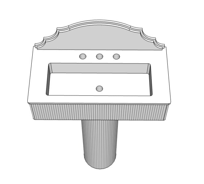 Line drawing of a bathroom sink with faucet holes on a white background