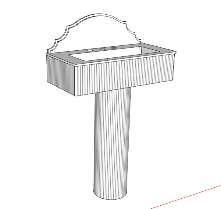 Line drawing of a pedestal sink with decorative basin