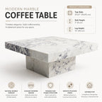 Modern marble coffee table with product dimensions and features on a white background