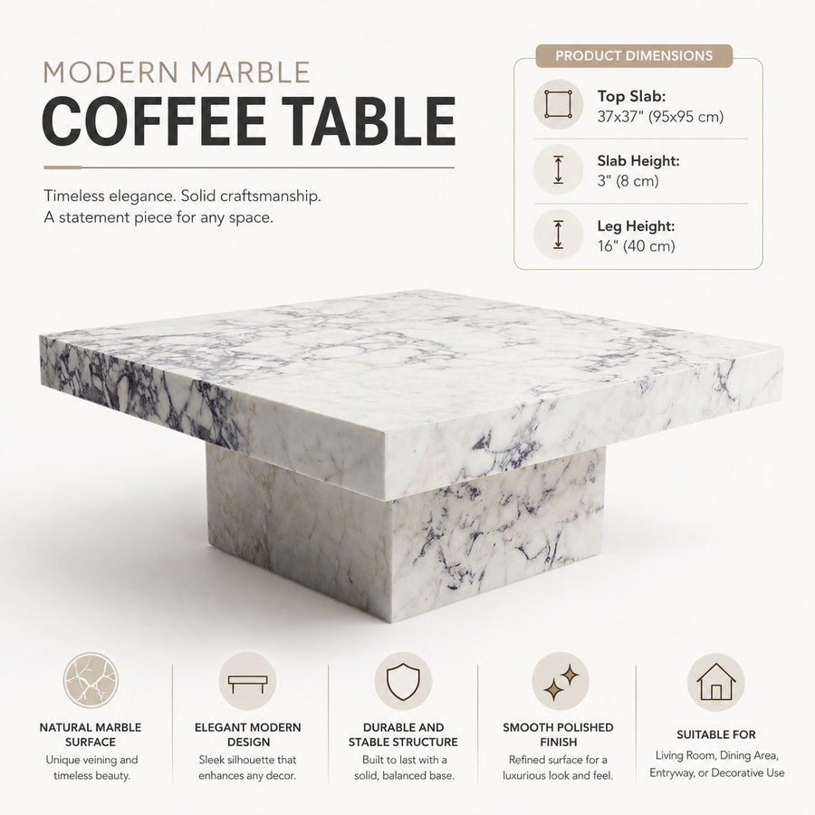 Modern marble coffee table with product dimensions and features on a white background