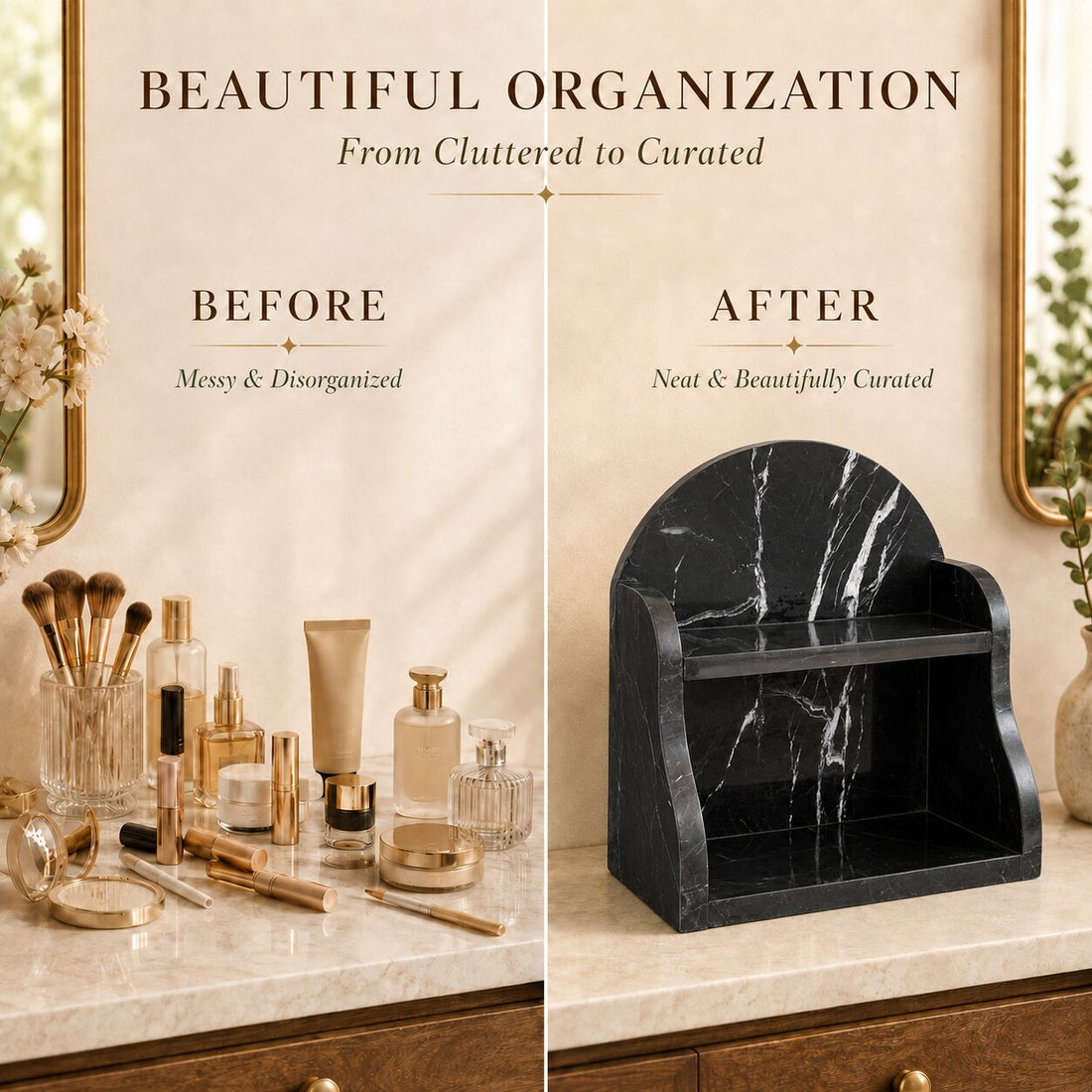 Counter before and after the Nero Marquina organizer