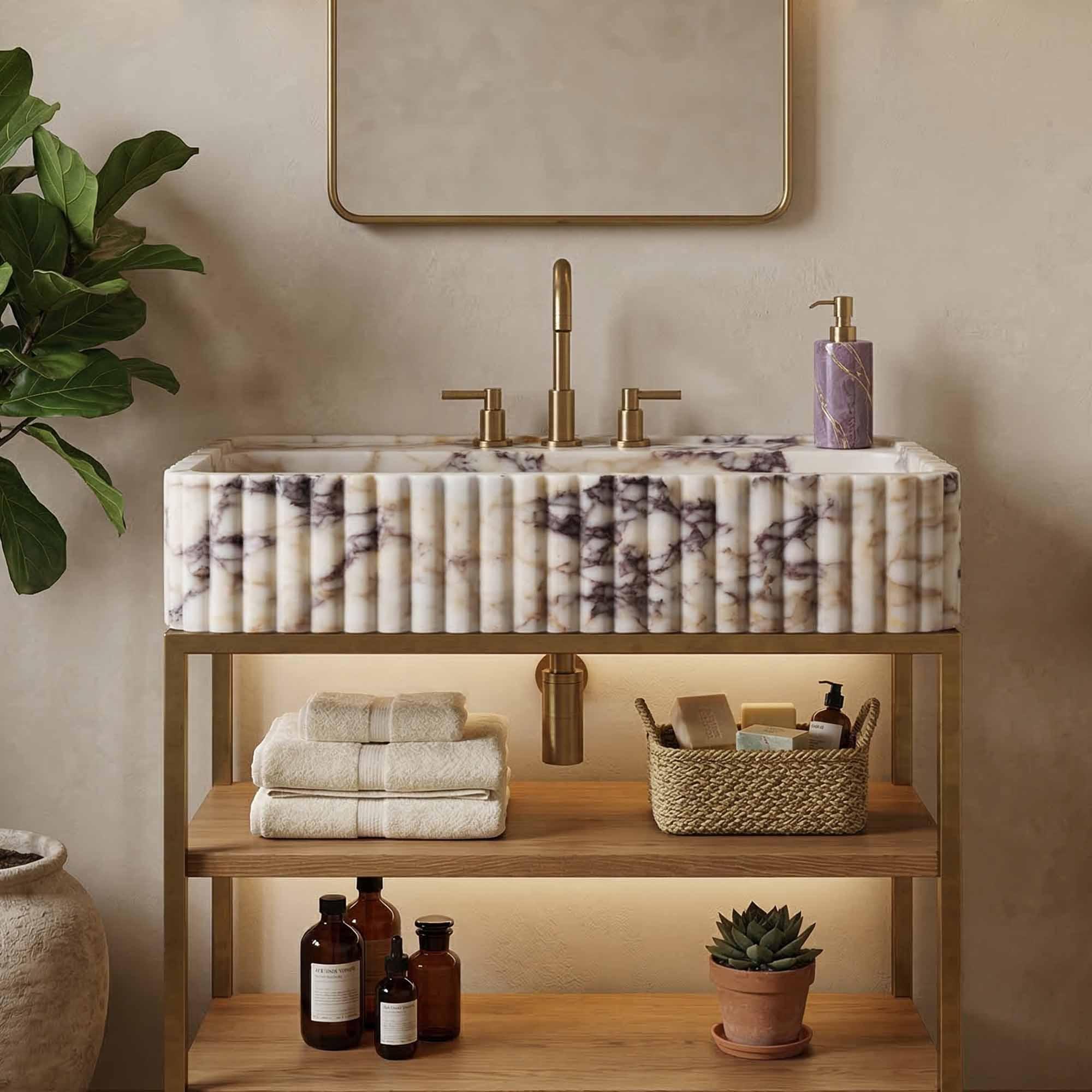 Calacatta Viola Hand-Carved Marble Sink | Fluted Vessel & Wall-Mount | Custom Size E-24
