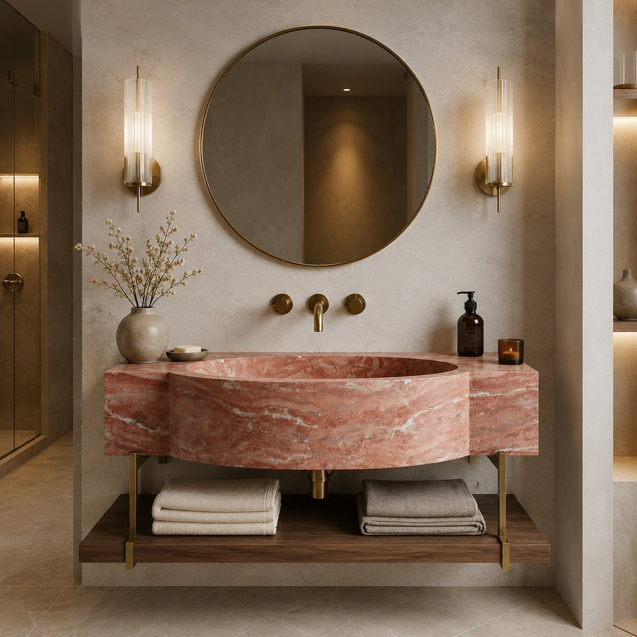 A modern bathroom vanity featuring a pinkish-red marble sink basin mounted on a floating wooden shelf with brass hardware, set against a textured beige wall with a round mirror and dual wall sconces.