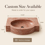 A custom-sized reddish-brown stone sink basin with dimension labels for length, width, and depth, plus text stating 'Custom Size Available' and a 'Send us a message' button on a beige background.