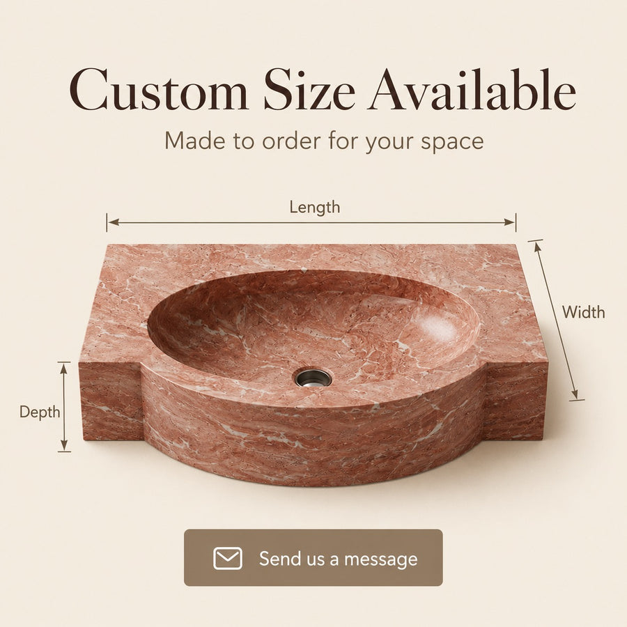 A custom-sized reddish-brown stone sink basin with dimension labels for length, width, and depth, plus text stating 'Custom Size Available' and a 'Send us a message' button on a beige background.