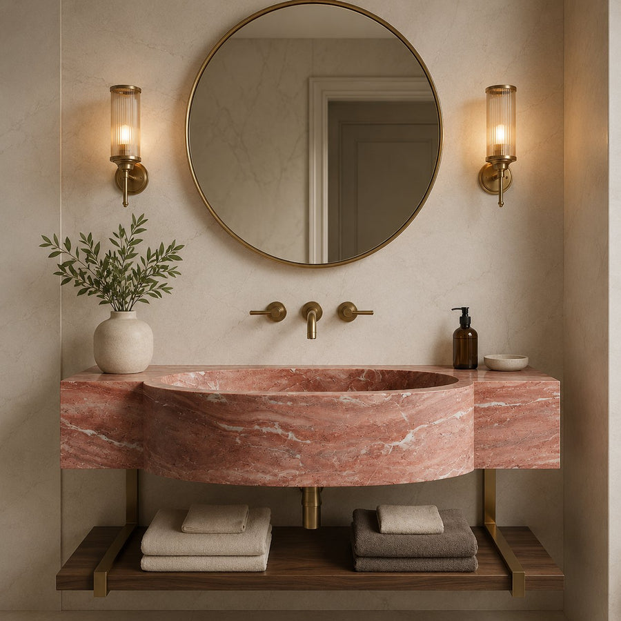 A modern bathroom vanity featuring a pinkish-red marble sink basin with gold hardware, a round wall mirror, and warm brass sconces. A small vase with greenery and folded towels sit on the shelf below.