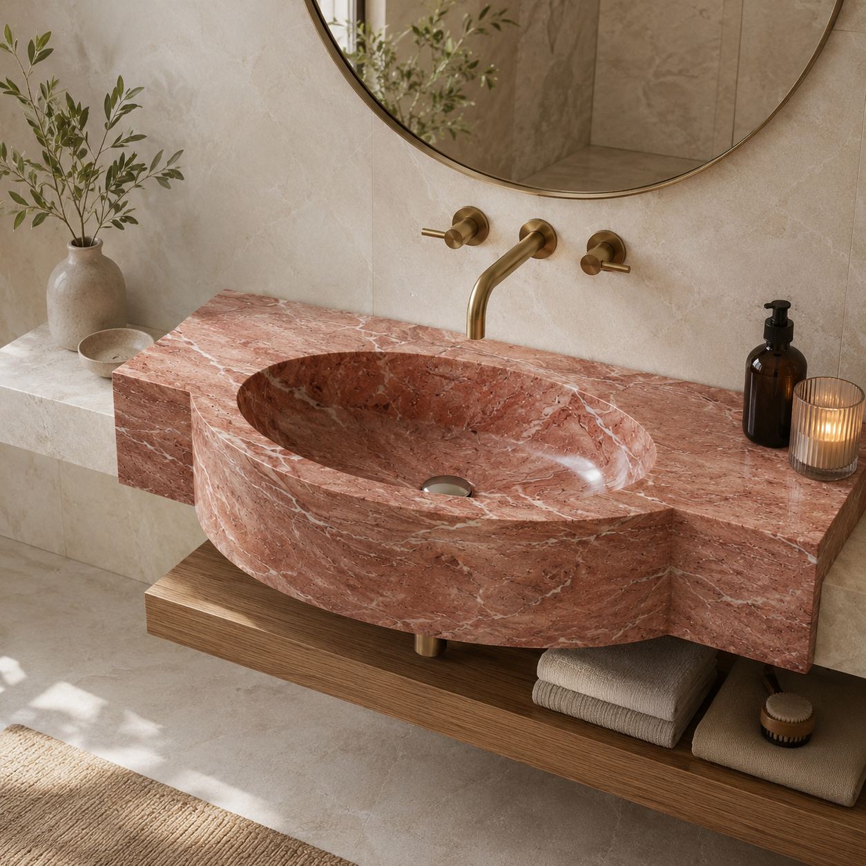 A modern bathroom vanity featuring a carved reddish-brown marble sink and matching countertop, mounted on a wooden floating shelf. The setup includes brass wall-mounted faucets, a round mirror, a lit candle, a soap dispenser, and folded towels on the shelf below.