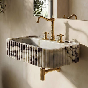 Calacatta Viola Hand-Carved Marble Sink, Fluted Vessel & Wall-Mount
