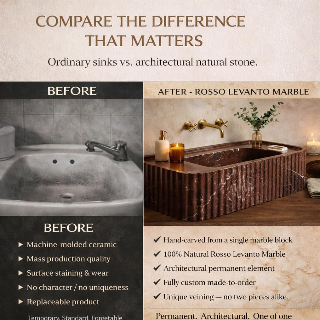 Comparison of ordinary sink vs. Rosso Levanto marble bathtub with text highlighting differences.