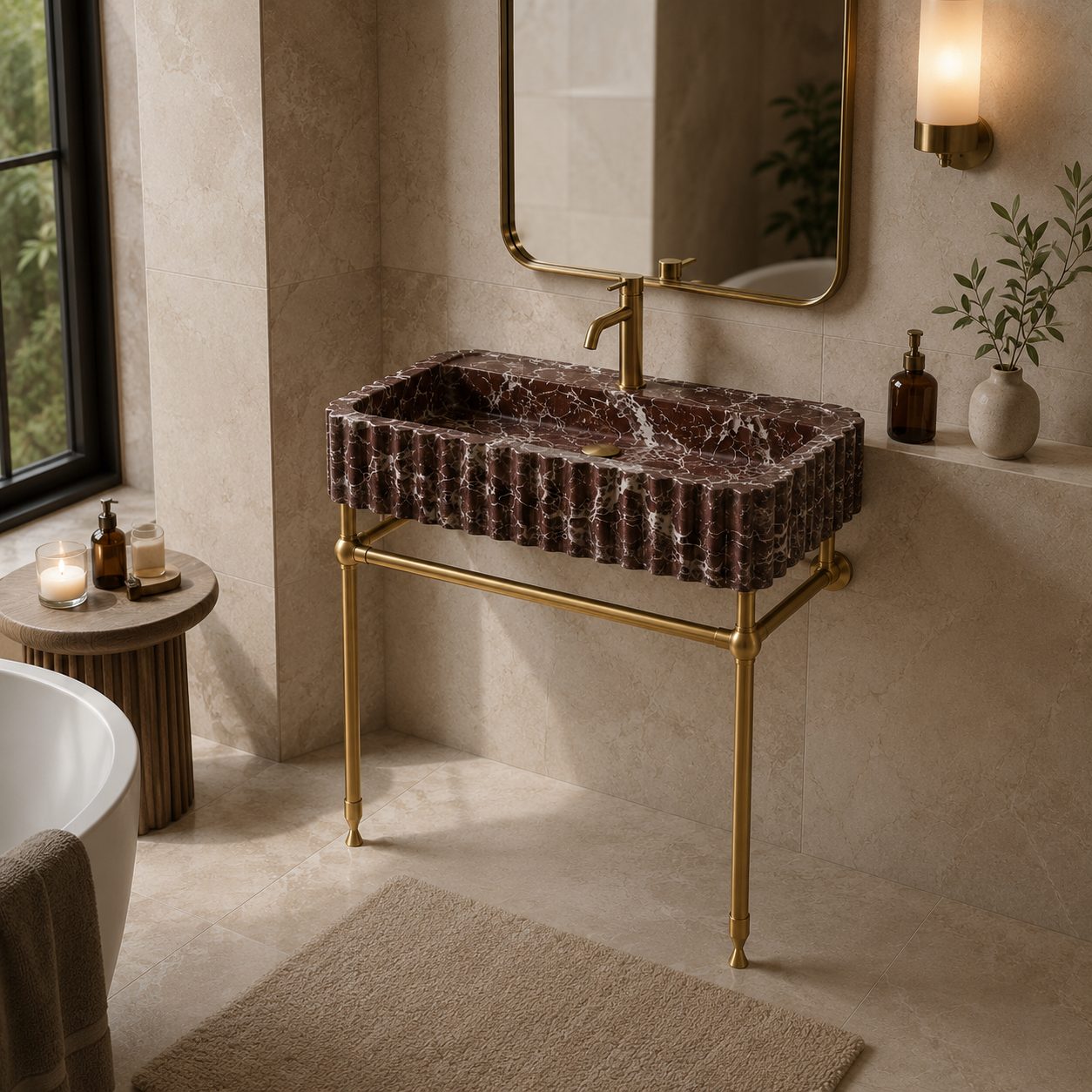 A modern bathroom vanity setup featuring a rectangular dark brown marble sink with a ribbed edge and a polished gold metal stand, faucet, and mirror, set in a warm beige stone bathroom.