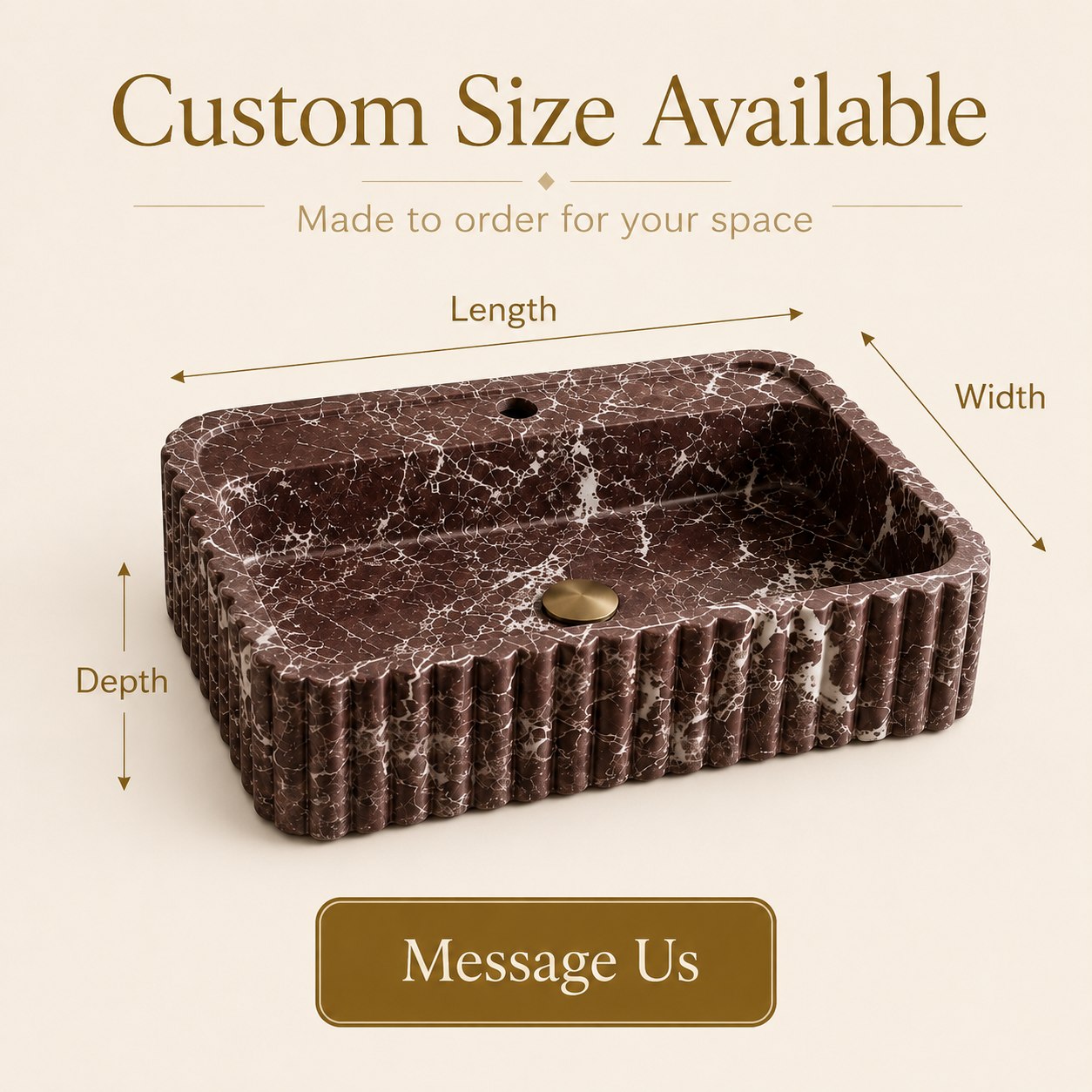 A rectangular dark brown marble-look sink with a ribbed exterior and a small round drain, shown on a beige background with text indicating available custom sizes and arrows marking length, width, and depth.